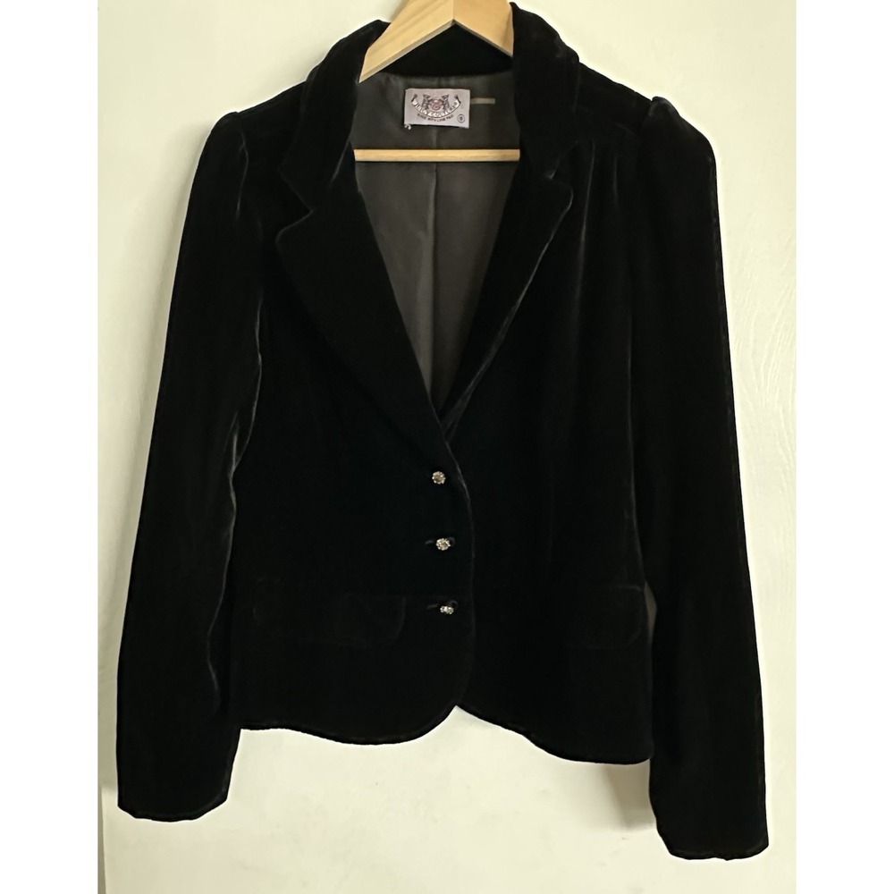 VTG Juicy Couture Black Velvet Blazer Crystal Button Y2K Goth Glam Size 8 Fits S